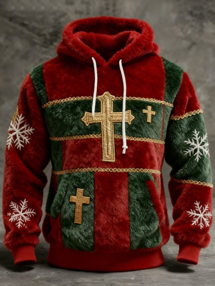 Men's Christmas Cross Patchwork Art Print Plush Warm Hoodie