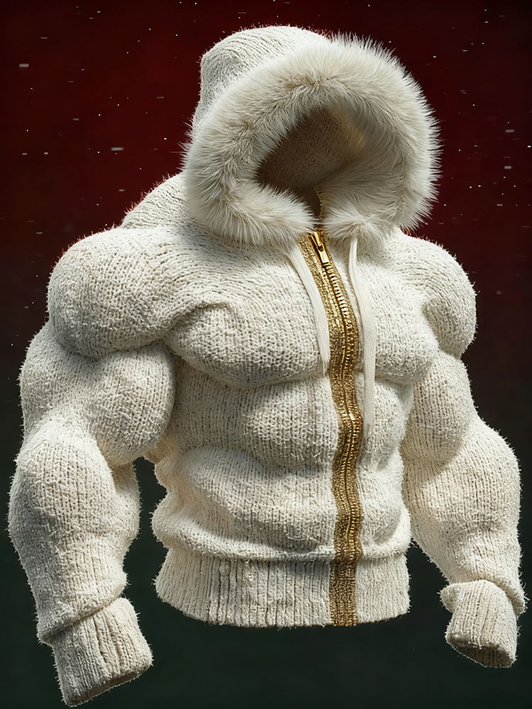 Men's Vintage Line Art Insulated Zipper Color Block Cozy Knit Hoodie