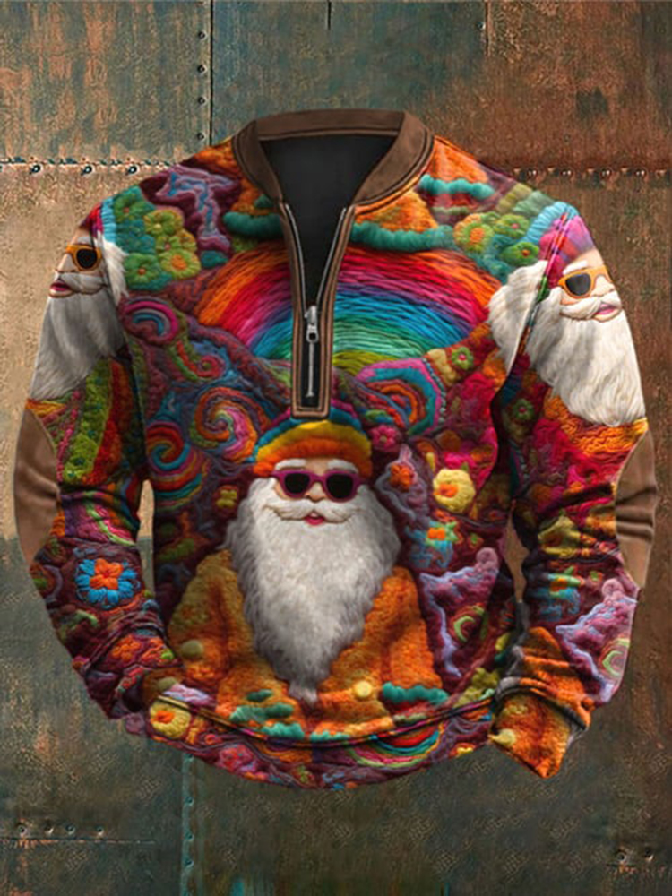 Men's Vintage Santa Print Zip-Up Sweatshirt