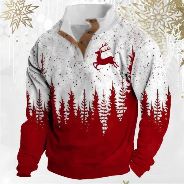 Men's Christmas Tree Reindeer Print Zippered Wool Collar Sweatshirt