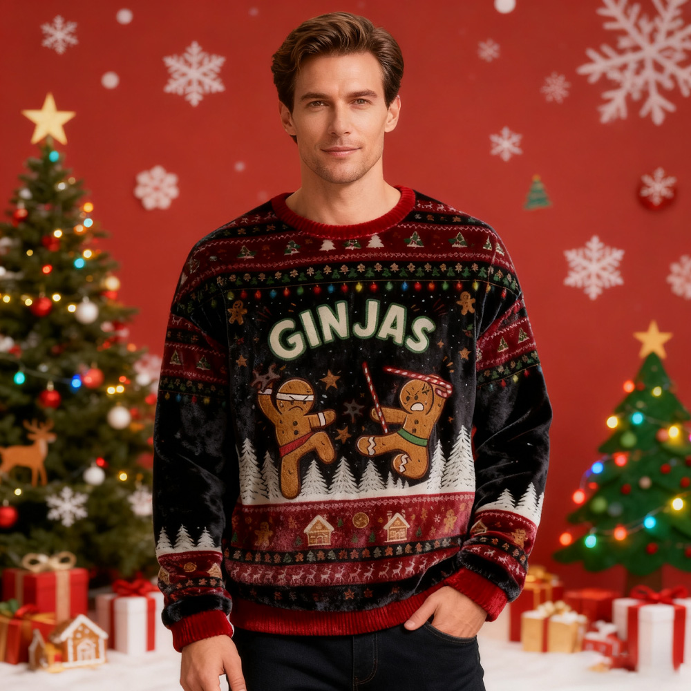 Gingerbread Ninjas In Battle Christmas Ugly Velvet Sweatshirt
