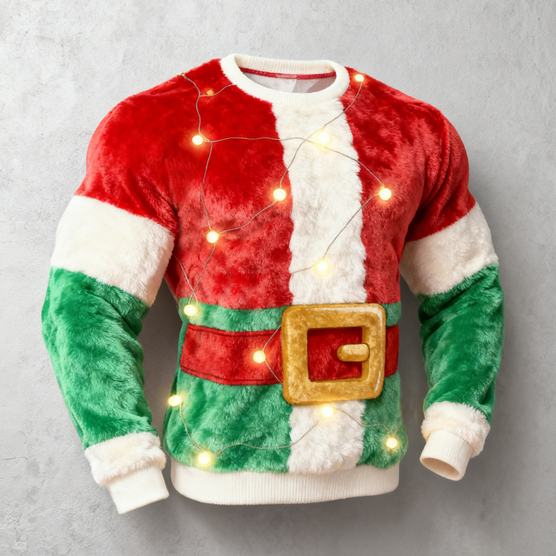 Men's Fun Christmas Lights Color Block Crew Neck Plush Sweatshirt
