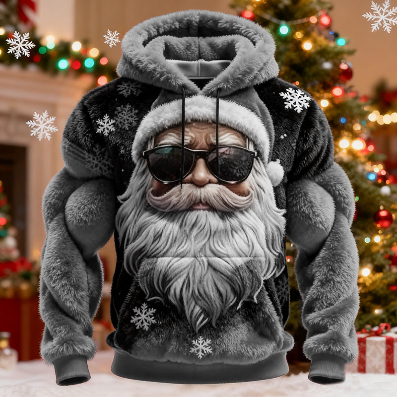 Santa Claus Print Color Block Plush Hoodie