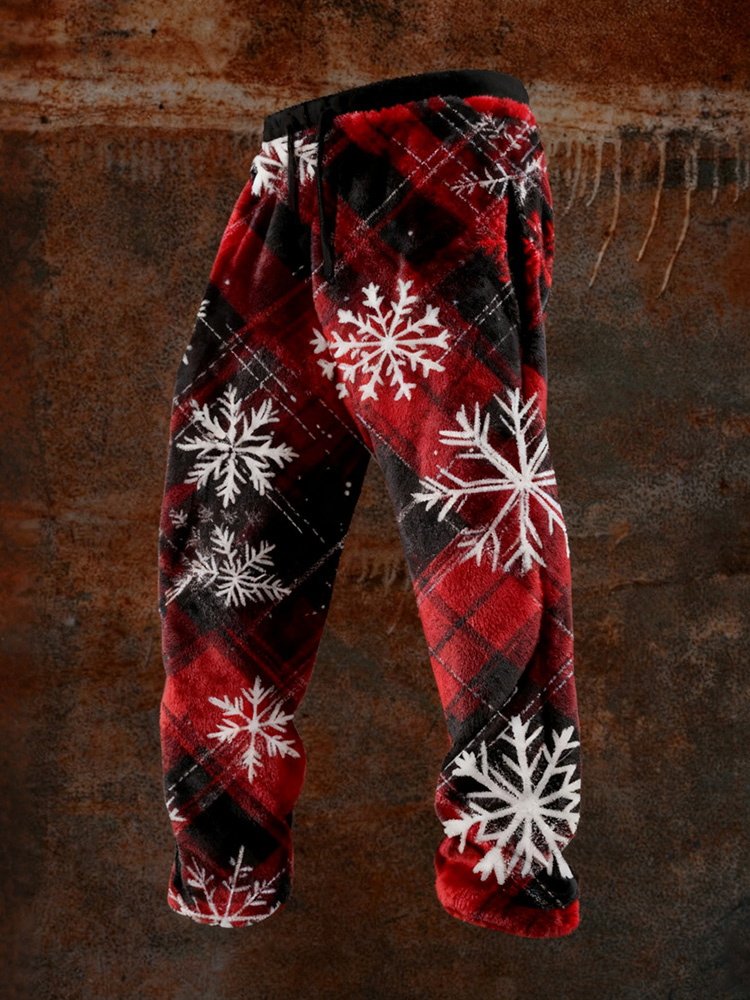 Men's Christmas Snowflake Plaid Art Vintage Cozy Plush Sweatpants