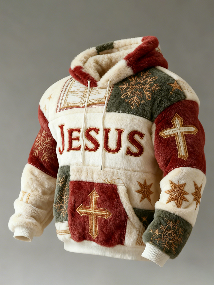 Men's Christmas Jesus Patchwork Print Plush Warm Hoodie