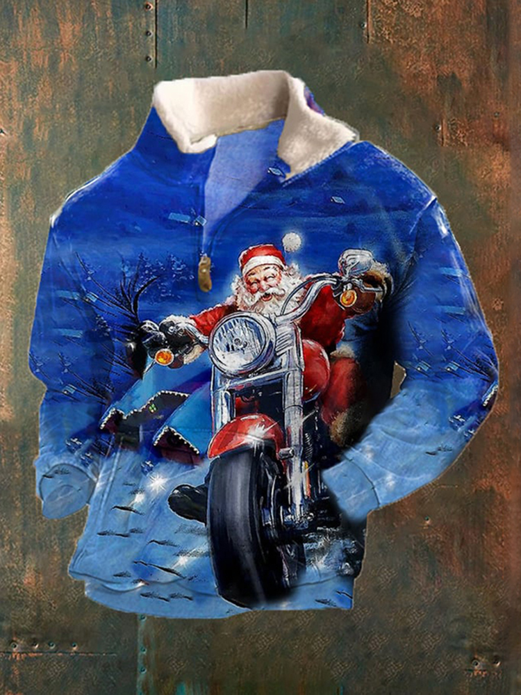 Men's Christmas Funny Motorcycle Santa Print Zipper Wool Collar Sweatshirt