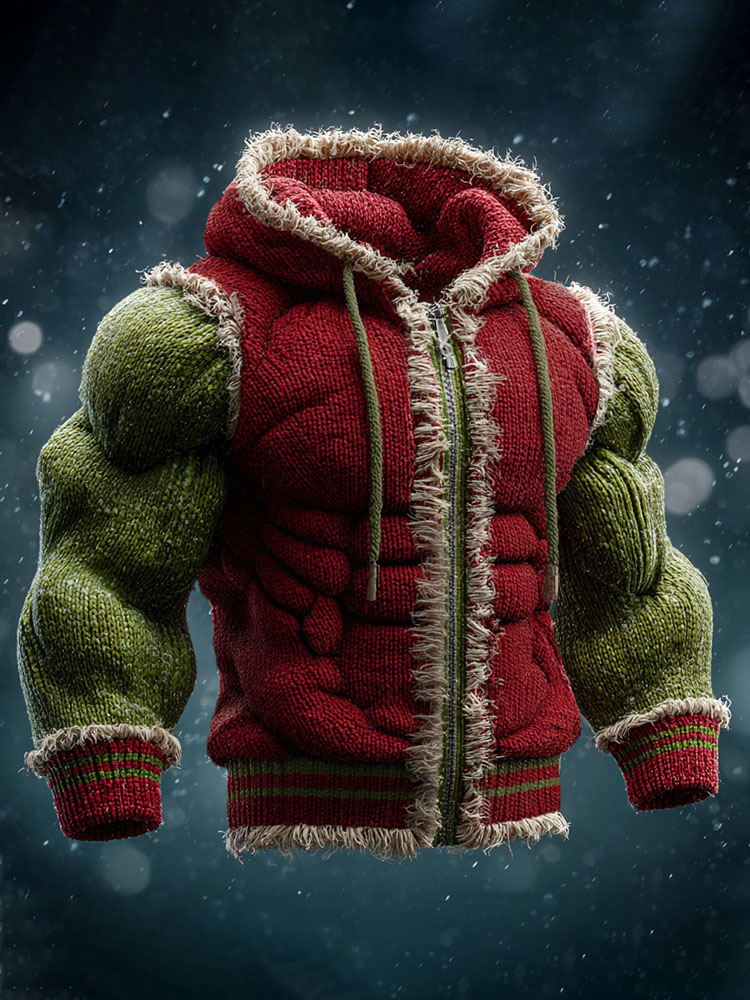 Muscular Men's Christmas Color Block Knitted Fur Collar Hooded Sweater