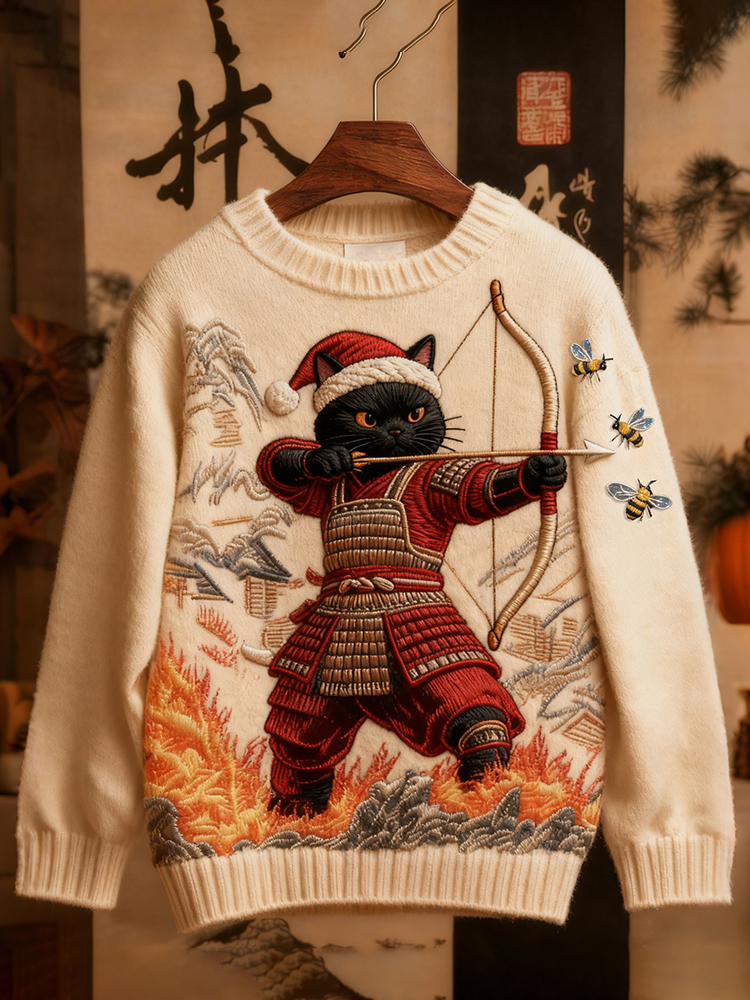 Men's Vintage Funny Christmas Black Cat Samurai Shooting Bee Art Jacquard Knit Sweater