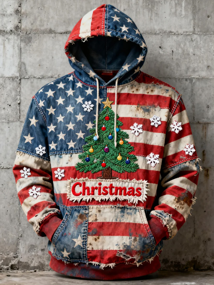 Men's Winter Christmas American Flag Patchwork Christmas Tree Oversized Hoodie