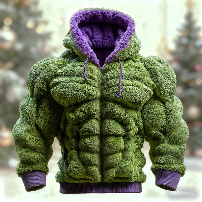 Men's Christmas Green Muscle Line Cozy Plush Hoodie
