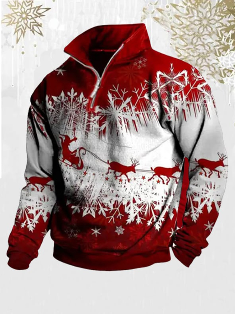 Men's Vintage Christmas Santa Claus Elk Snowflakes Print Zippered Wool Collar Sweatshirt