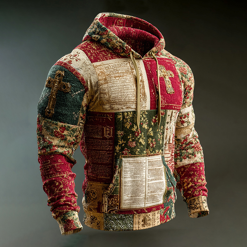 Men's Christmas-themed Holly Cross Embroidered Hoodie