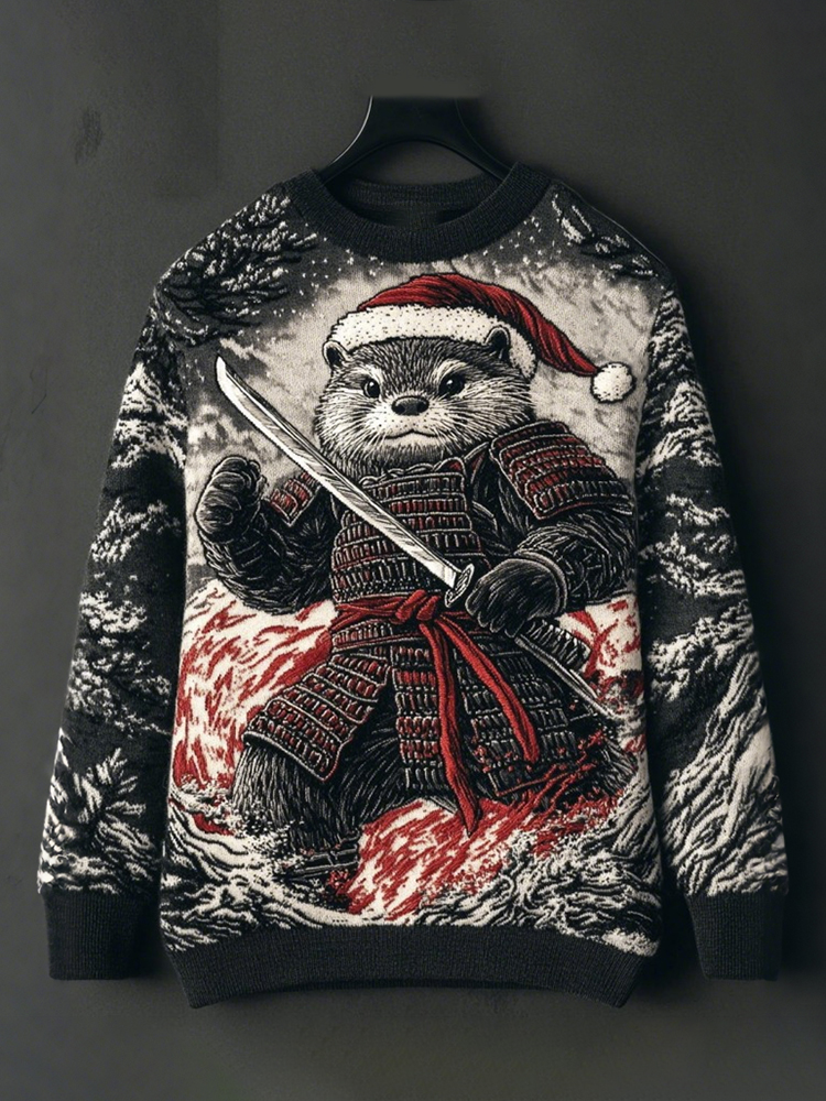 Men's Vintage Funny Christmas Otter Samurai Japanese Art Jacquard Knit Sweater