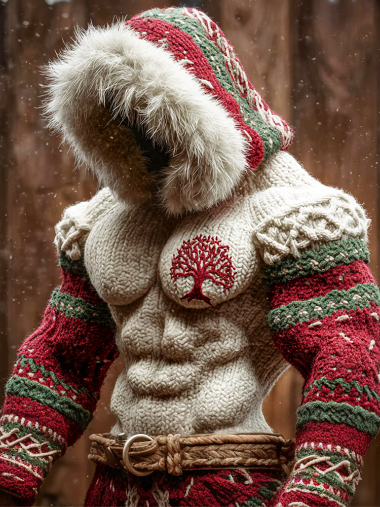 Christmas Celtic Tree Knit Pattern Men's Hooded Sweater
