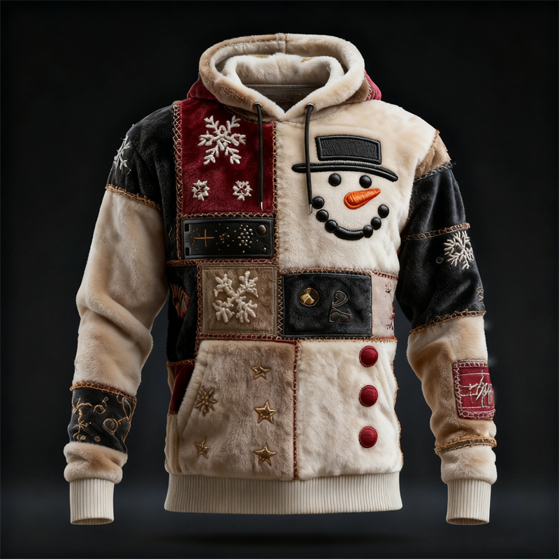 Men's Christmas Snowman Snowflakes Patchwork Cozy Plush Hoodie