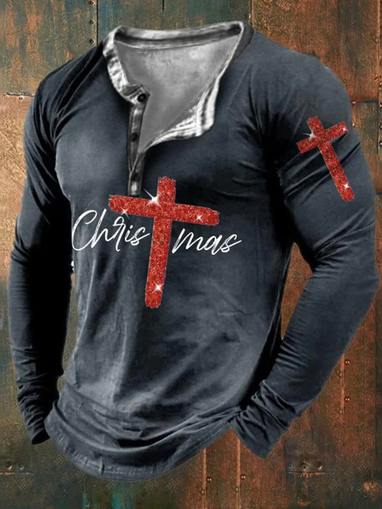 Men's  Christmas Cross Art Print Long Sleeve T-Shirt