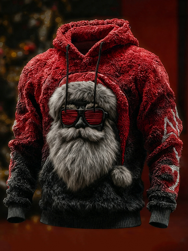 Men's Christmas Rock Style Santa Claus Gradient Cozy Plush Hoodie