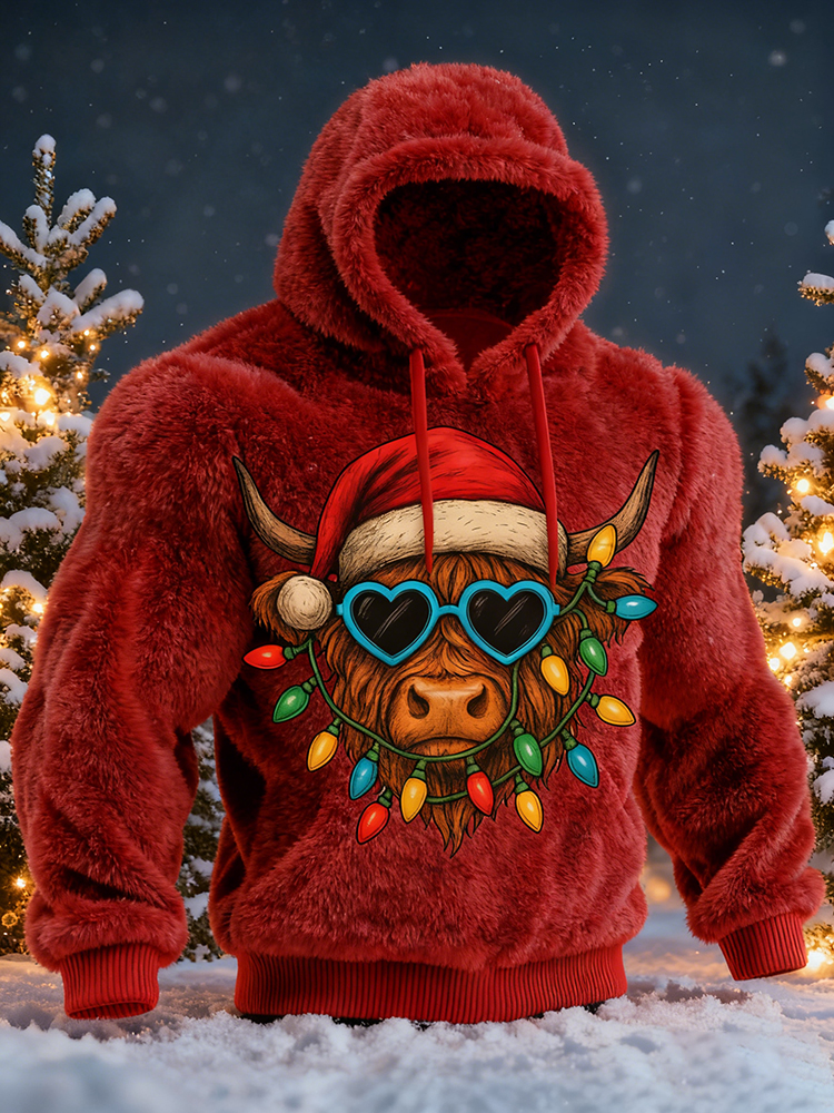 Men's Highland Cow Christmas Tree Comfort Plush Hoodie
