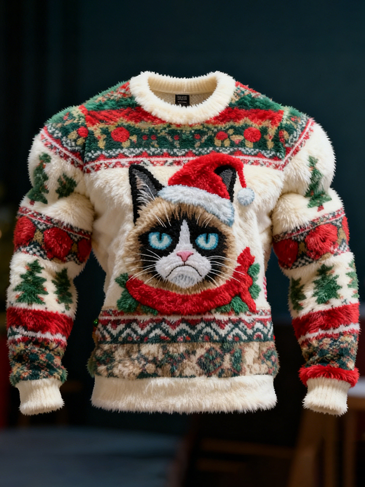Men's Christmas Fun Cat Pattern Ugly Sweater