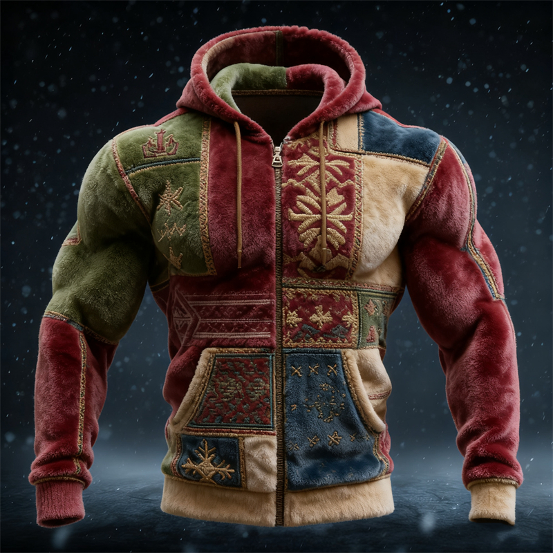 Men's Christmas Snowflakes Colorblock Cozy Full Zip Plush Hoodie