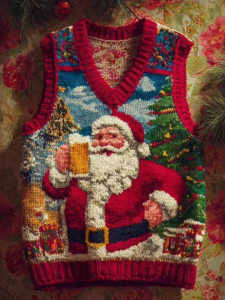 Men's Santa Claus Drinks Beer Print V Neck Knit Vest