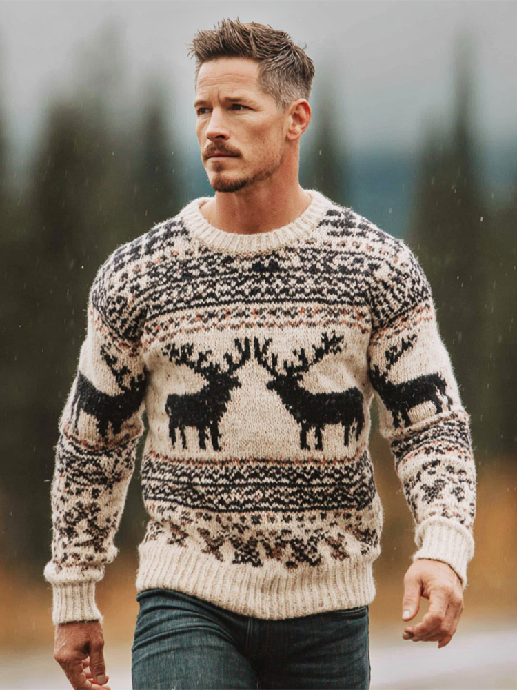 Christmas Reindeer Stripe Design Men's Icelandic Sweater