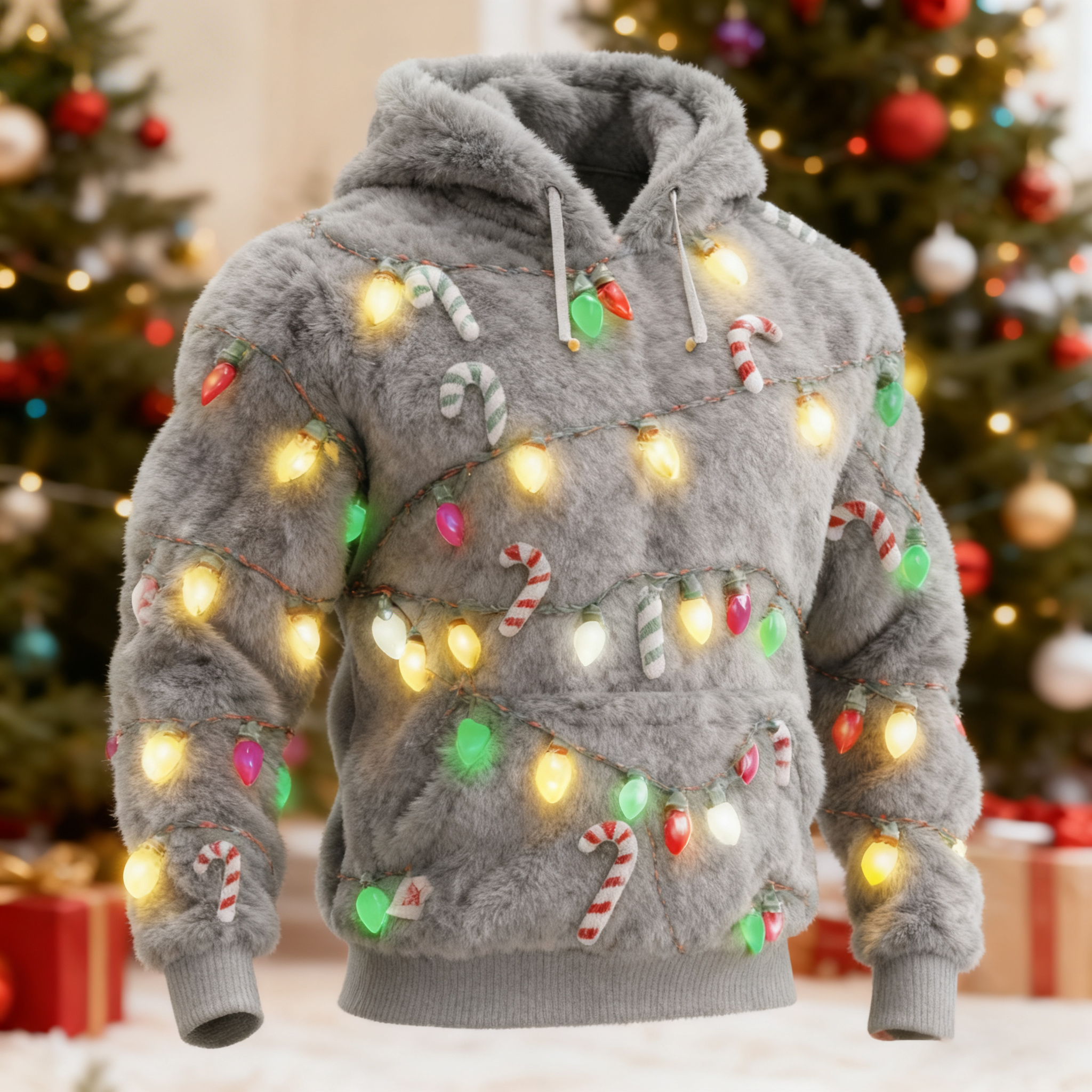 Men's Ugly Christmas Lights Pattern Flannel Hoodie