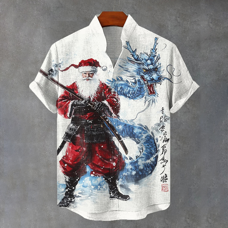 Men's Fighting Dragon And Santa Claus Ink Wash Art Print Short Sleeve Shirt