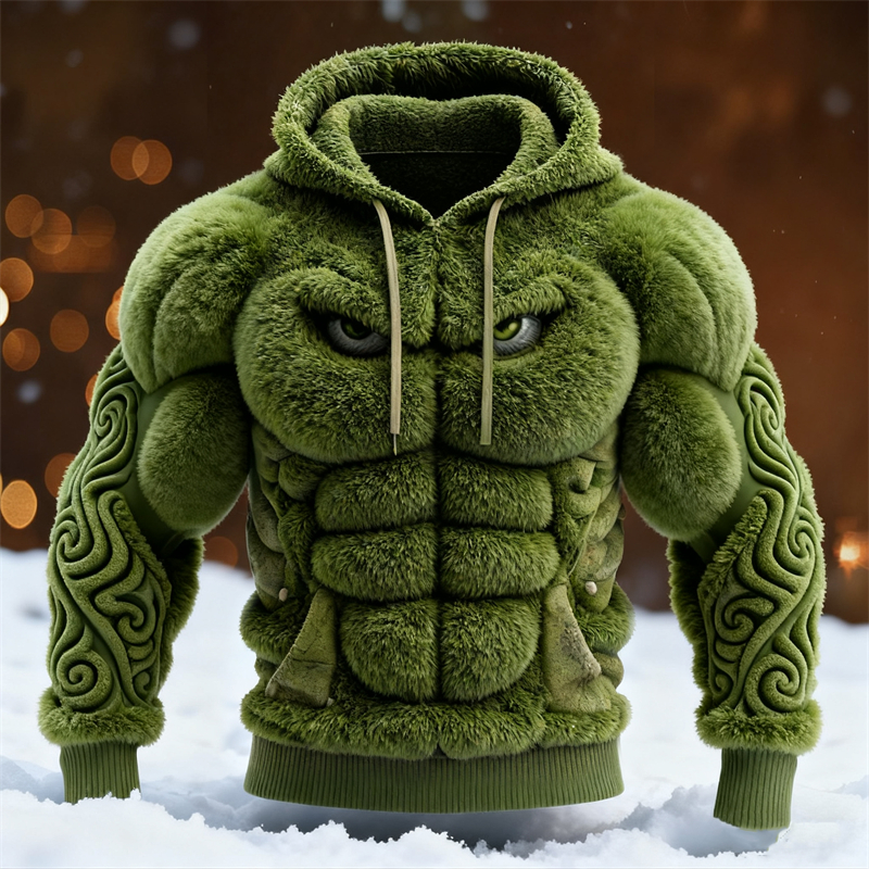 Men's Christmas Monster Green Muscle Cozy Plush Hoodie