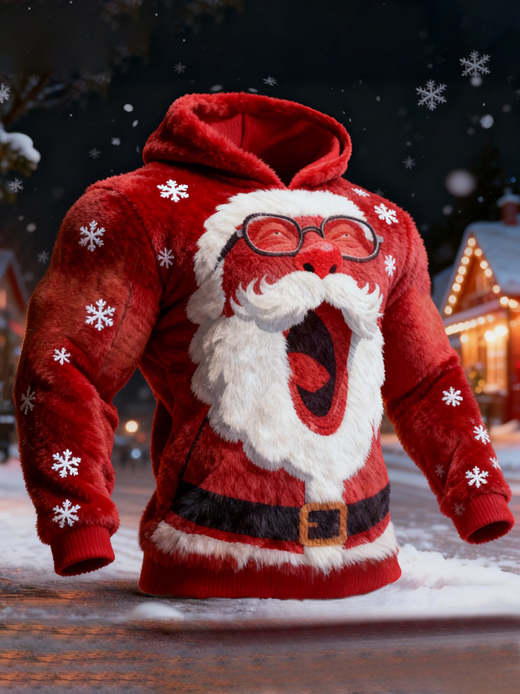 Men's Fun Angry Santa Claus Snowflake Pattern Plush Hoodie