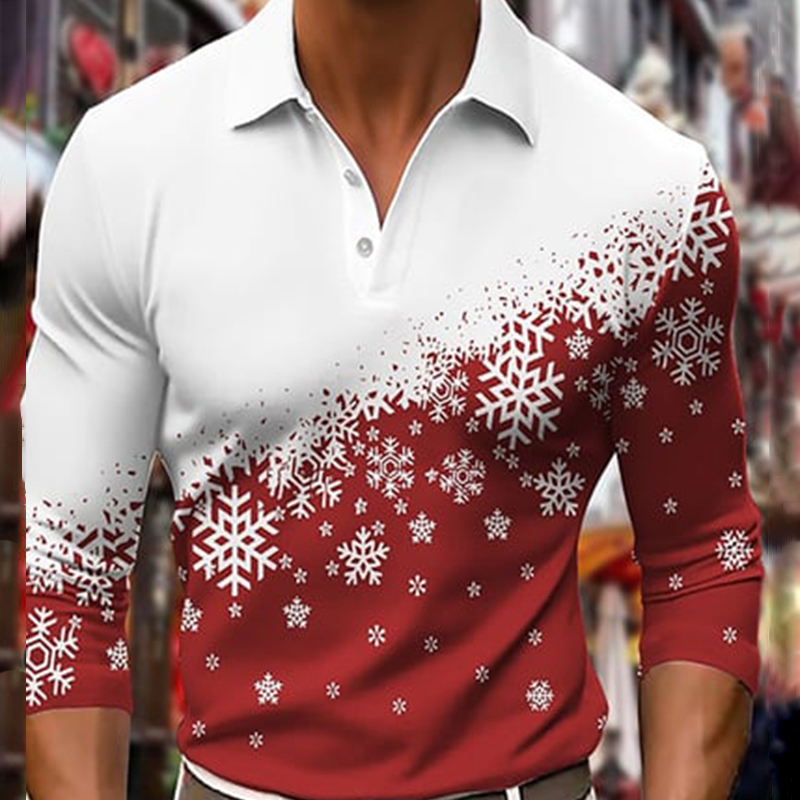 Men's Casual Christmas Printed Long Sleeve Polo Shirt