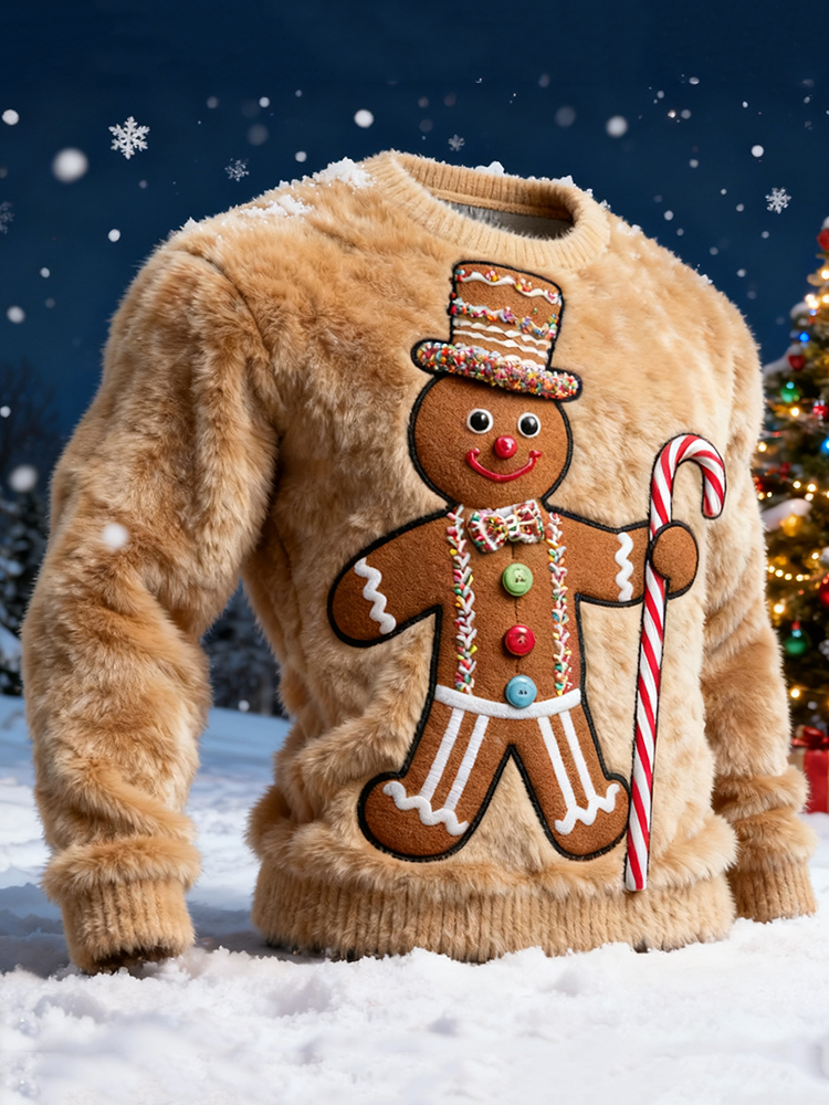 Men's Christmas Gingerbread Pattern Cozy Plush Sweatshirt