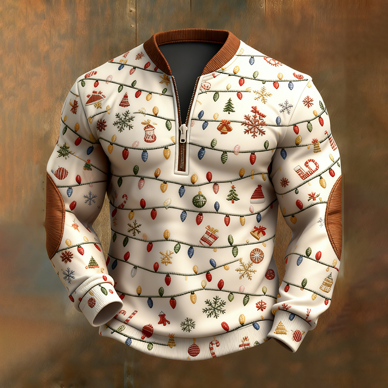 Retro Fun Christmas Light Print Zip-up Sweatshirt