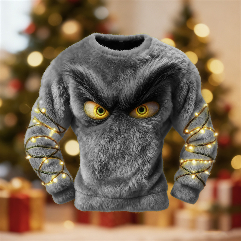 Men's Christmas Lights Monster Eyes Cozy Plush Sweatshirt