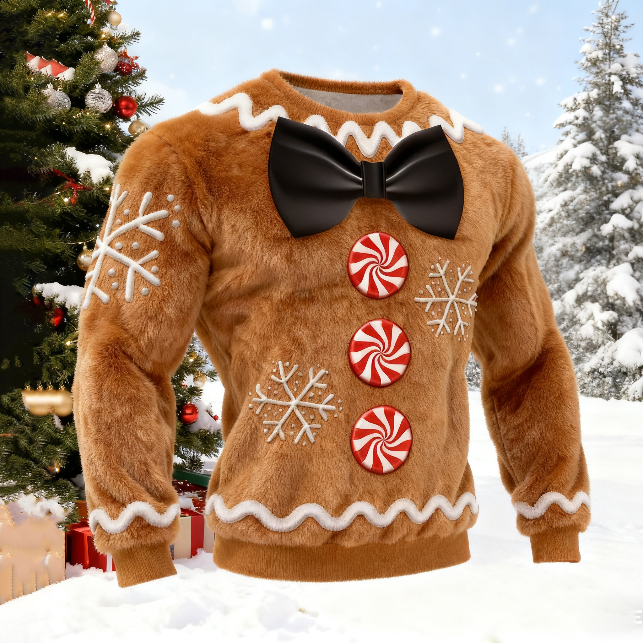 Men's Christmas Gingerbread Pattern Plush Sweatshirt