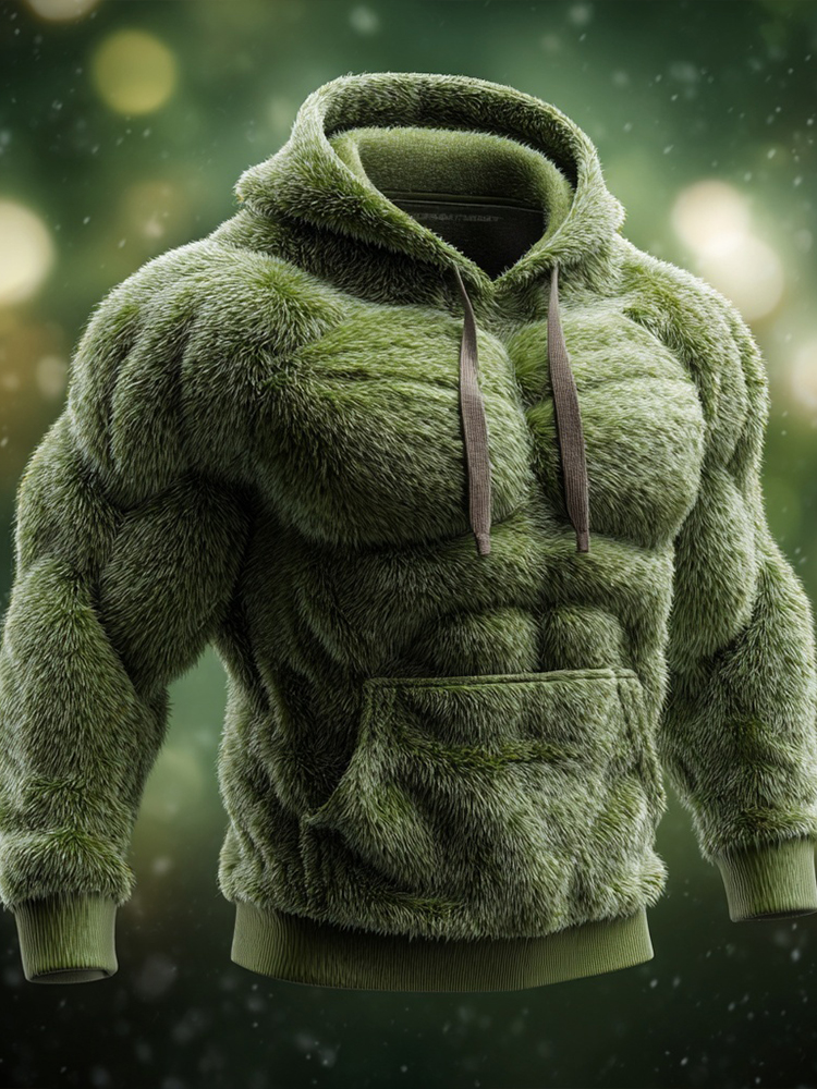 Men's Christmas Season Green Muscle Art Cozy Plush Hoodie