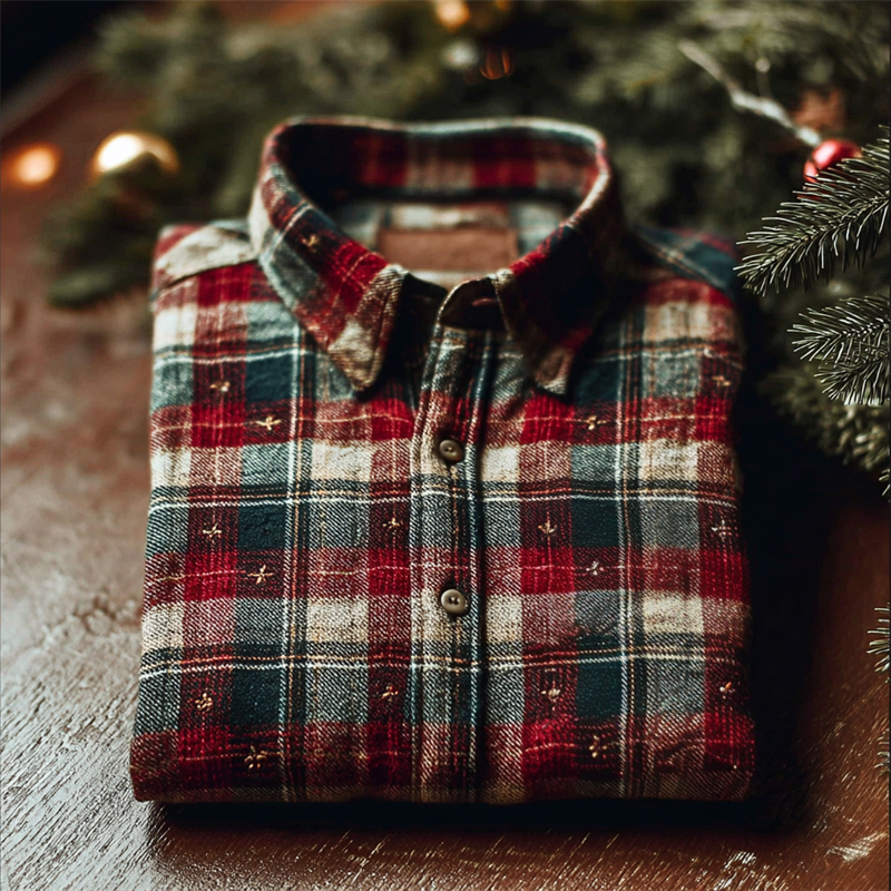 Vintage Stars Embroidered 70s Christmas Plaid Linen Shirt