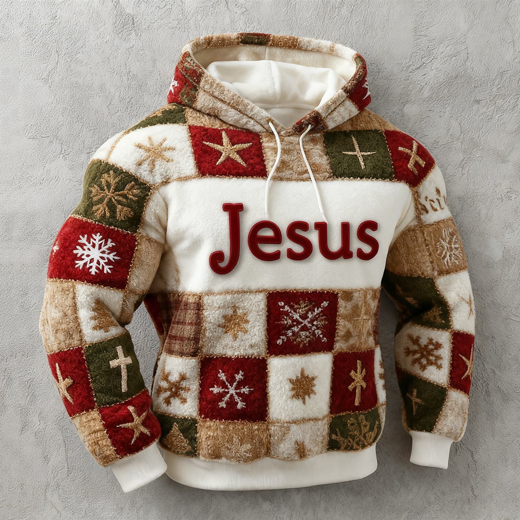Men's Vintage Christmas Jesus Patchwork Print Plush Warm Hoodie