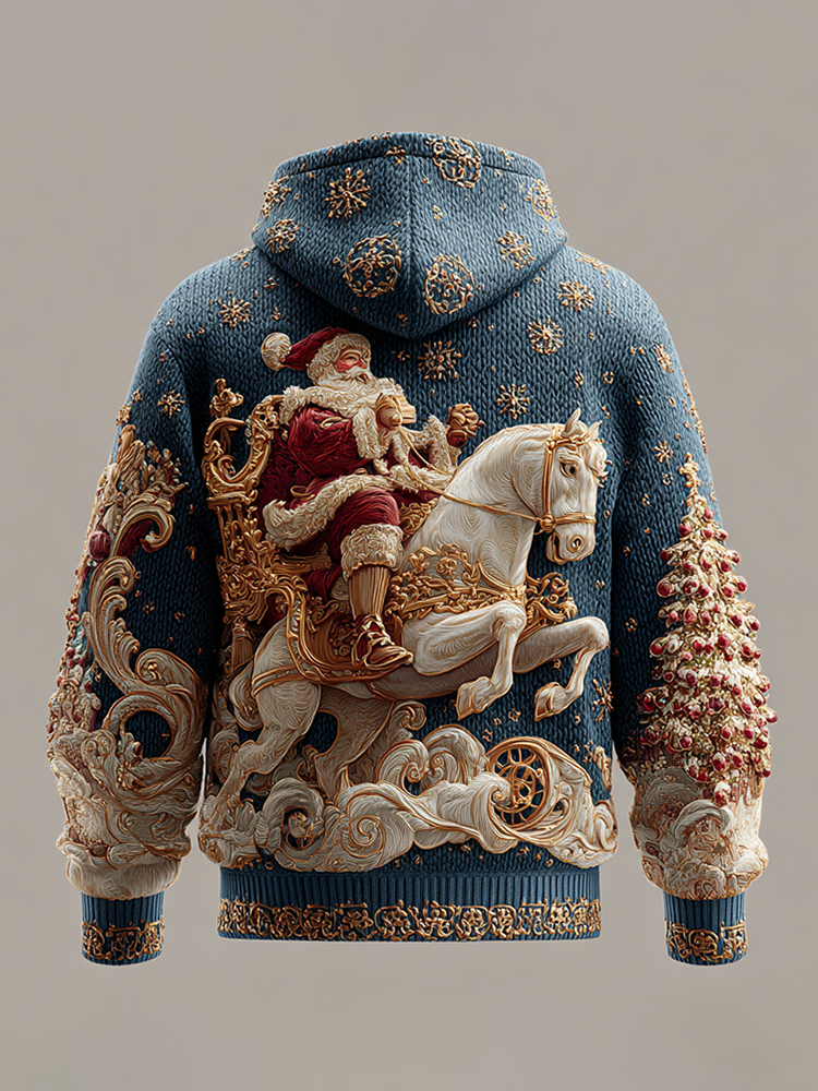 Christmas Santa Claus And White Horse Art Knitted Hooded Sweater