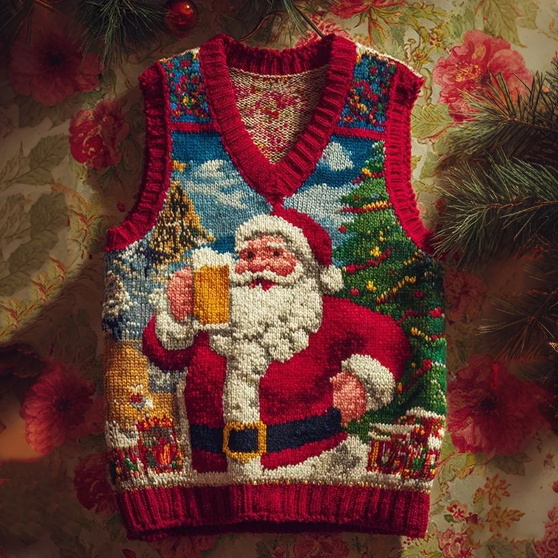 Men's Santa Claus Drinks Beer Print V Neck Knit Vest