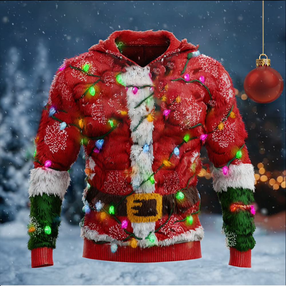 Men's Christmas Lights Santa Claus Plush Hooded Sweatshirt
