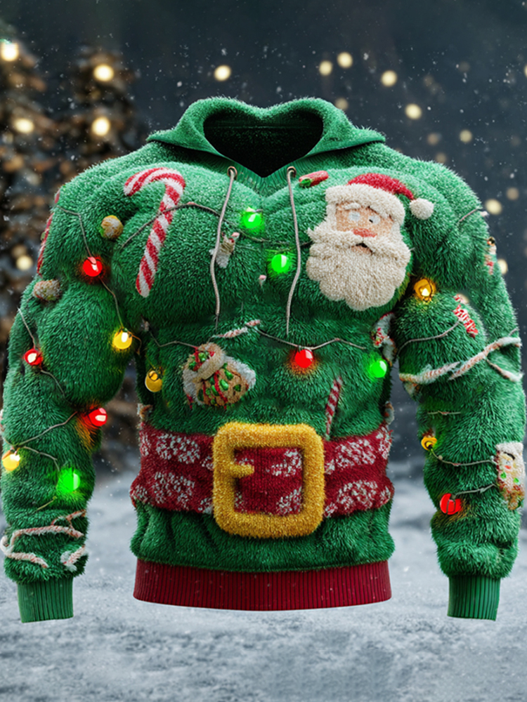 Men's Christmas Santa Claus And Christmas Lights Warm Plush Hoodie