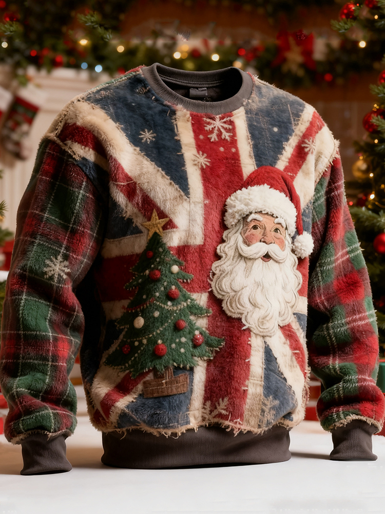 Men's Vintage Christmas Santa Claus Pattern Flannel Sweatshirt
