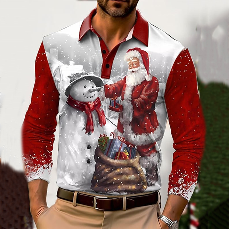 Men's Casual Santa Christmas Printed Long Sleeve Polo Shirt