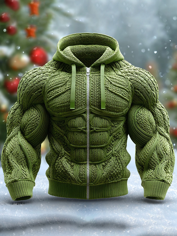 Christmas Men's Muscle Lines Design Zipper Knit Hooded Sweater