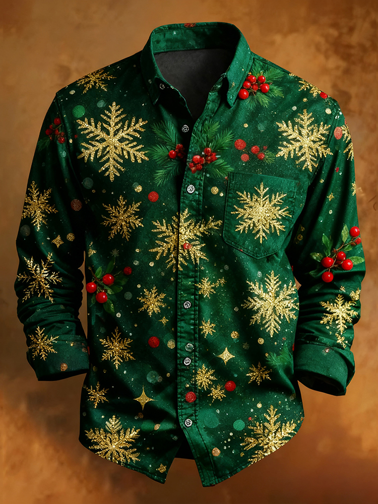 Men's Christmas Snowflake Pattern Casual Long-sleeved Shirt