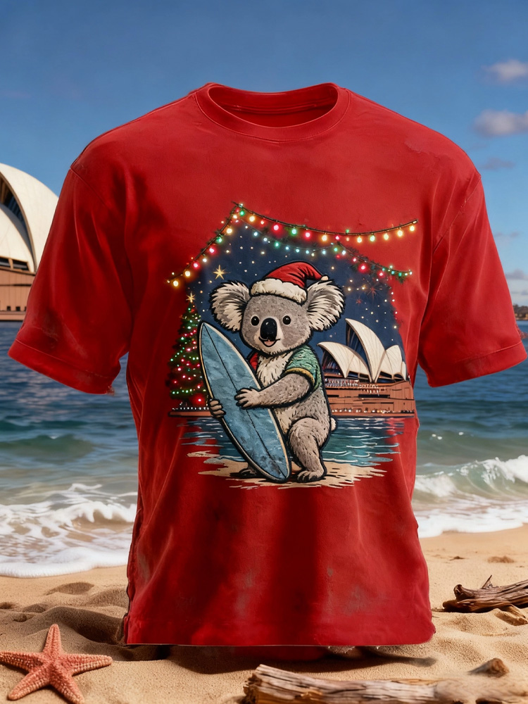 Retro Australian Christmas Beach Koala Print Casual Cotton Short Sleeve T-shirt