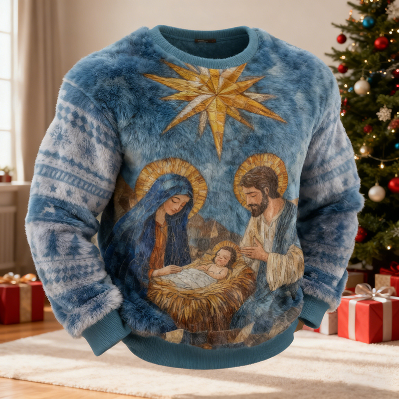 Men's Christmas Nativity Pattern Crew Neck Flannel Sweatshirt