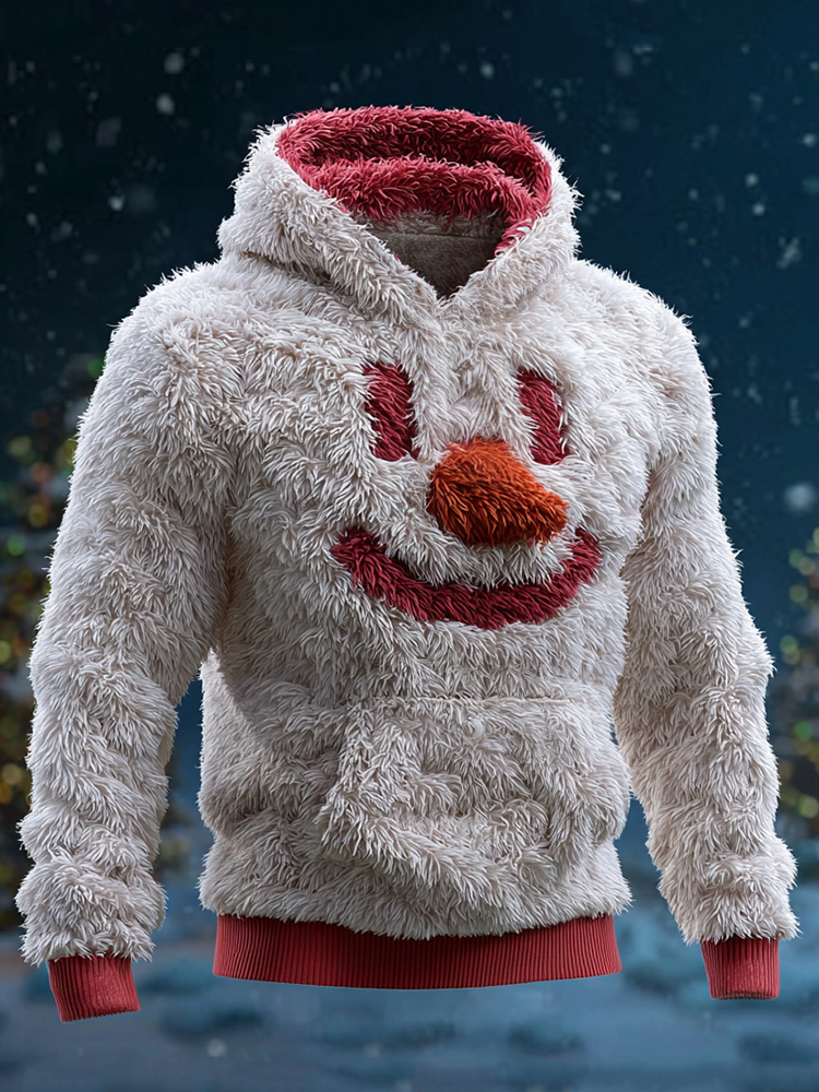Men's Christmas Snowman Face Cozy Plush Hoodie