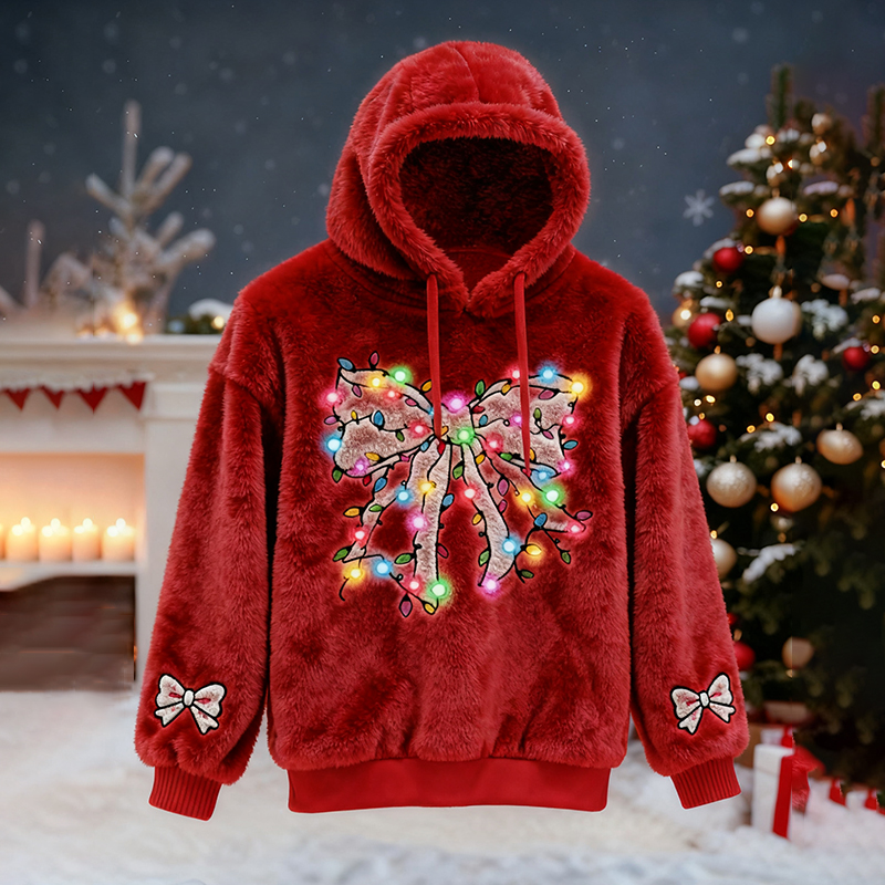 Men's Christmas Lights And Bow Pattern Plush Hoodie